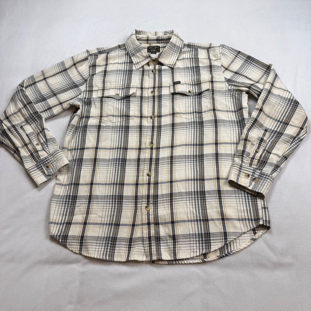 Dark Seas Division Mens Large Plaid Button Up Shirt Long Sleeve Cream Black Tan